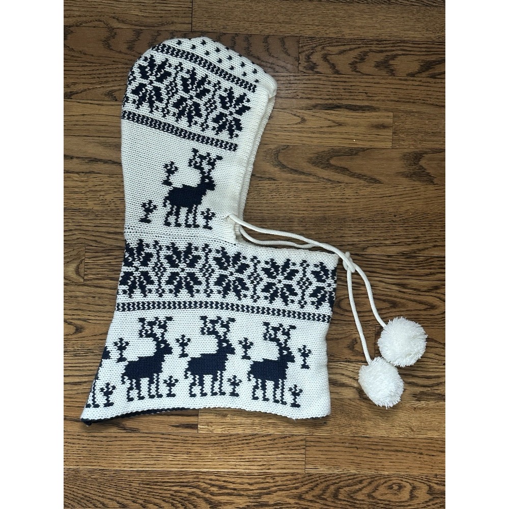 Modena Nordic Knit Hooded Snood Scarf Reindeer‎ Fair Isle Cream Navy